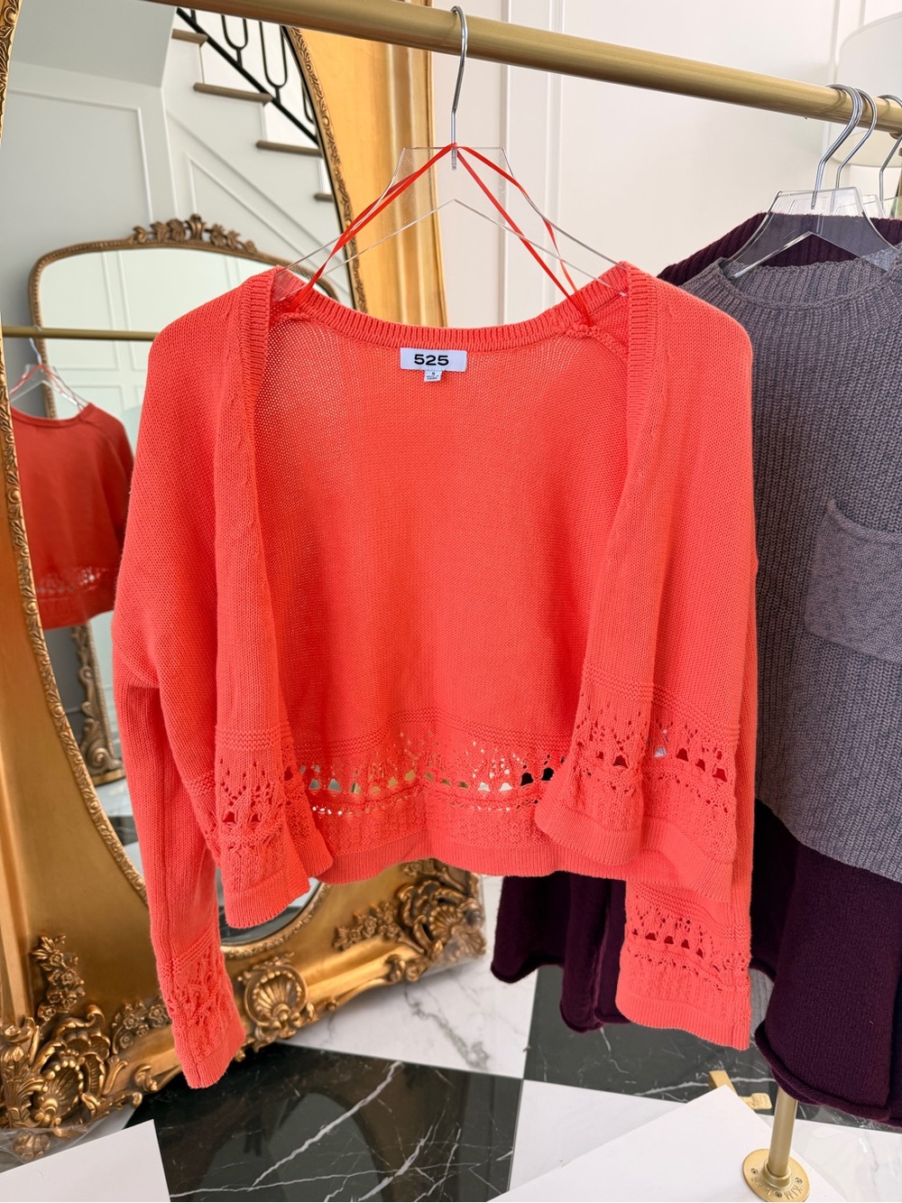 525 America Openwork Cropped Sweater Cardigan in Coral